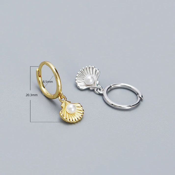 Shell Pearl Huggie Earrings – 925 Sterling Silver