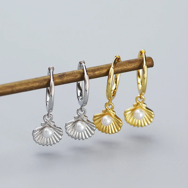 Shell Pearl Huggie Earrings – 925 Sterling Silver